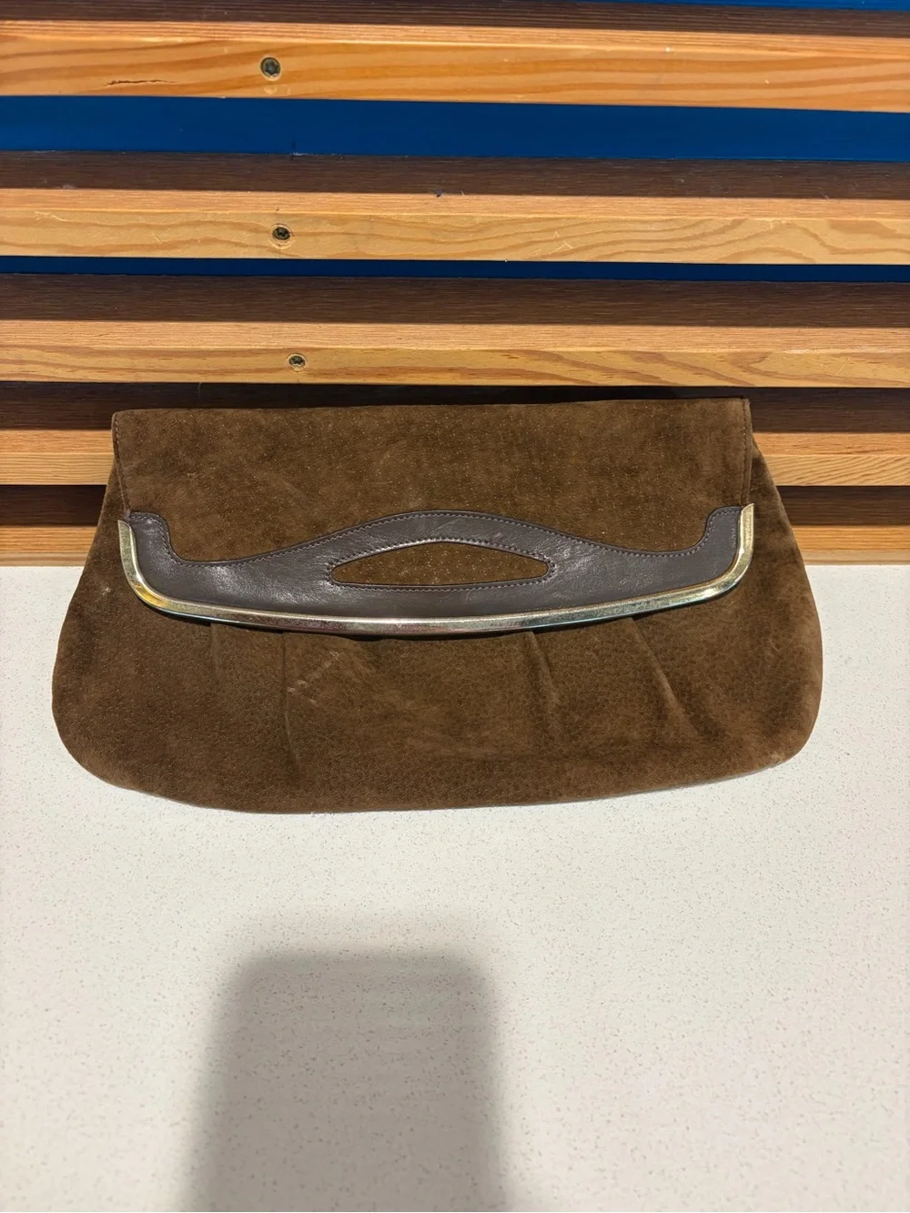 Vintage Suede Fold-Over Clutch with Leather Handle in Brown